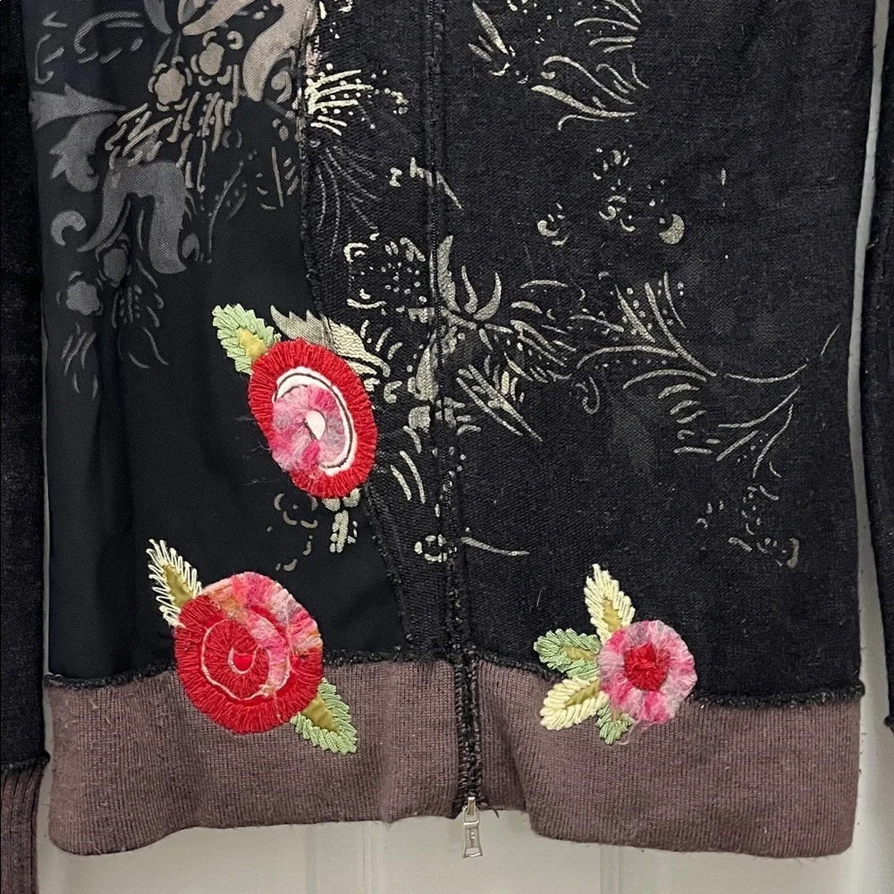One Girl Who Black Floral Embroidered Full Front Zip Sweater - Size Small